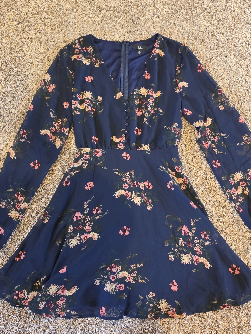 Lulu's Navy Floral Long Sleeve V-Neck Fit & Flare Dress Large